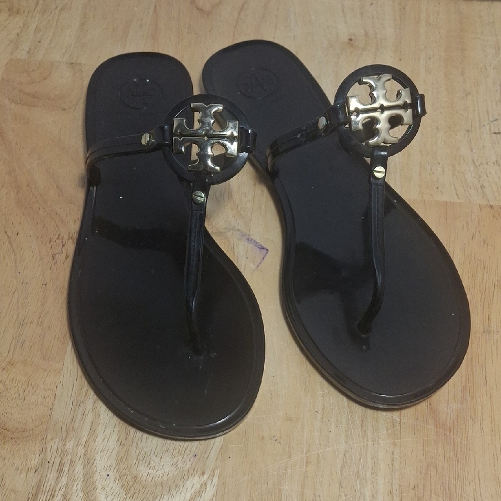 Tory Burch Black Sandals with Gold Emblem